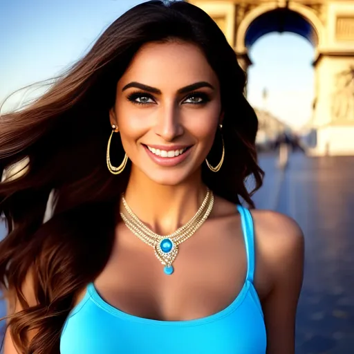 Prompt: A indiviual beautiful Persian 48-year-old woman, joyous, loving life, vibrant, toned athletic body,  long view shot of a woman with blue eyes laughing and smiling in front of the Arc de Triomphe in Paris in the rain, no shoes on, jumping in puddles, full body shot, cobblestone street, 5 0 0 px models, amazement, photo render, eye-candy, a woman with blue eyes gazing longingly at the viewer, beautiful huge eyes, blue shining eyes, beautiful blue, glowing eyes, amazing eyes, beautiful light big eyes, mesmerizing blue eyes, glowing blue eyes, big blue eyes, blue piercing eyes, blue glowing eyes, tanned body, intense blue eyes, luminescent blue eyes, striking azure eyes, big beautiful blue eyes, perfect skin, no blemishes, perfect white teeth, aquiline features, detailed makeup, flawless,  hair has some blue streaks, very buxom, casually clad in colorful hippy style clothes, jean shorts, loose fitting tank top, open long loose sweater, lots of bracelets, lots of necklaces, relaxed look, comfortable clothes, casual dress