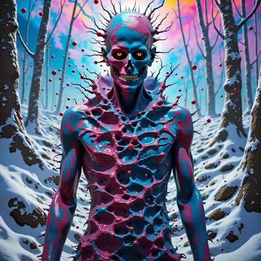 Prompt: Ultra-detailed, hyper-realistic, meticulously rendered scene with 8K PBR textures. (HD, masterpiece, best quality, ultra detailed), Standing in a frozen dead forest, crumbled and haunted.    traces of frozen blood are all over the clothes and face frozen blood, a vampire made out of fr0stwrld, snow, Hoth, cold ice and snow, ice, add-detail-   Cinematic Octane render (Unreal Engine 5), with ray-traced/path-traced lighting and volumetric effects. Deep chiaroscuro contrasts and prismatic subsurface scattering intensify the otherworldly cosmic mysticism of the scene.