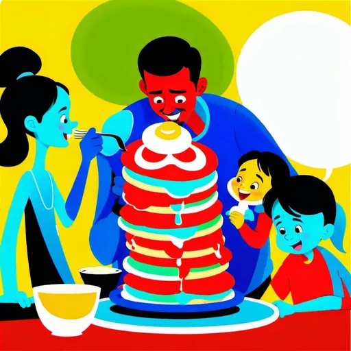 Prompt: Cartoon illustration of a father with kids eating a big stack of pancakes, vibrant and playful colors, heartwarming family moment, traditional cartoon style, detailed expressions, cozy and inviting atmosphere, high quality, cartoon, family, vibrant colors, heartwarming, detailed characters, cozy atmosphere, playful, inviting lighting