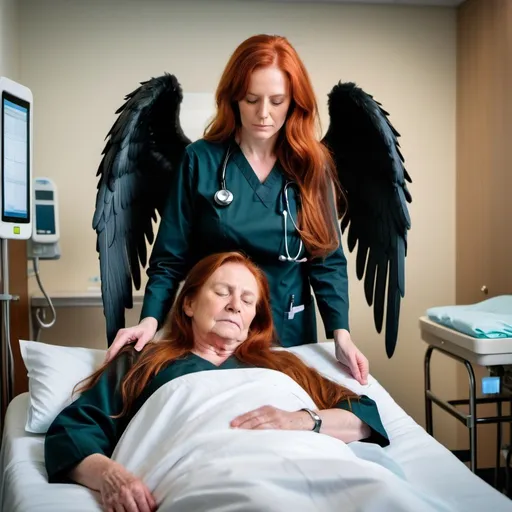 Prompt: Woman with long red hair and large wide  black and white angel wings on her back
 is wearing black nursing scrubs at a hospital bedside. She has a somber expression . The patient in the bed is an elderly man who is asleep and very sick. The woman is leaning over the bed with wings open