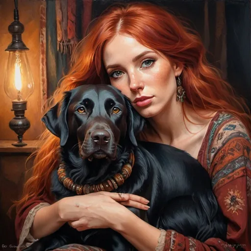 Prompt: Red-haired bohemian woman with a black lab, oil painting, flowing bohemian clothing, detailed facial features, high quality, warm tones, realistic, atmospheric lighting, detailed fur, natural setting, vibrant colors, professional, oil painting, detailed eyes, cozy and warm, professional lighting