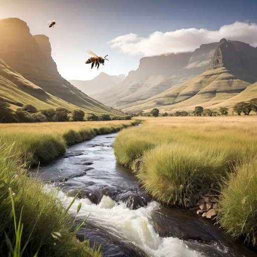 Prompt: create an image of a nature scene, st in the South African Drakensberg mountains, with a river flowing into the front of the image, and a bee in the forfront and an eage flying in the distance
