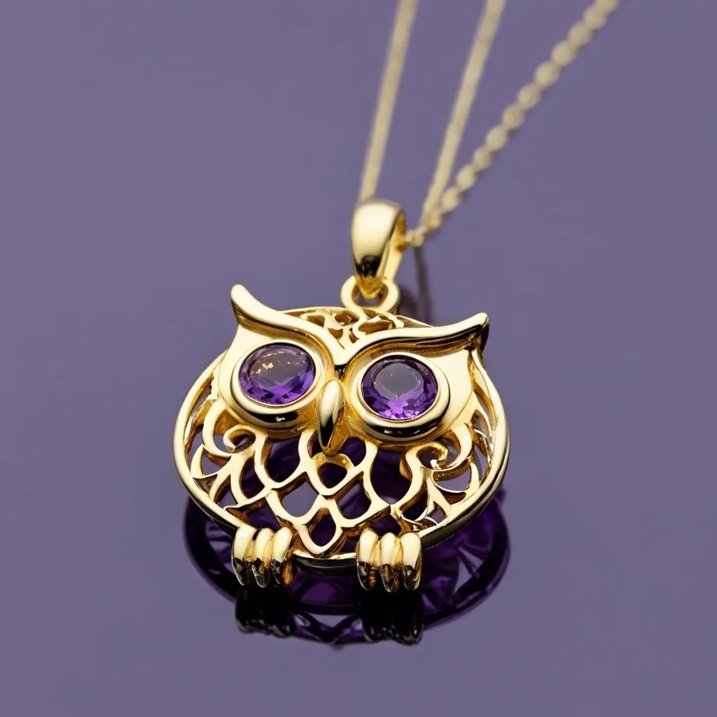 Prompt: A little owl yellow gold plaque with one solitary amethyst Filigree Owl Pendant