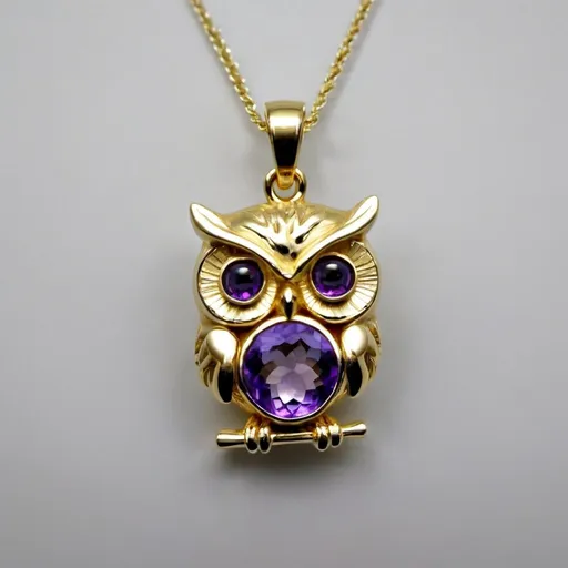 Prompt: A yellow gold little owl pendant with only one center amethyst