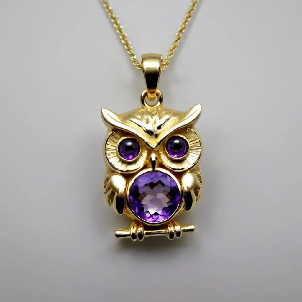 Prompt: A yellow gold little owl pendant with only one center amethyst