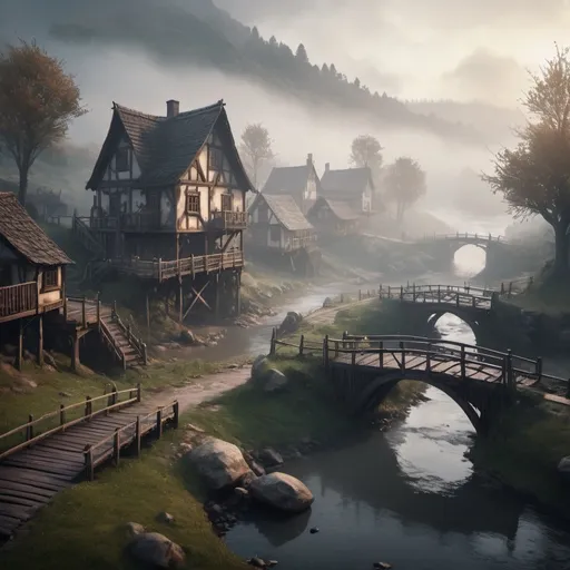 Prompt: small settlement, foggy, bridge and river, dramatic fantasy settlement scene, cinematic lighting