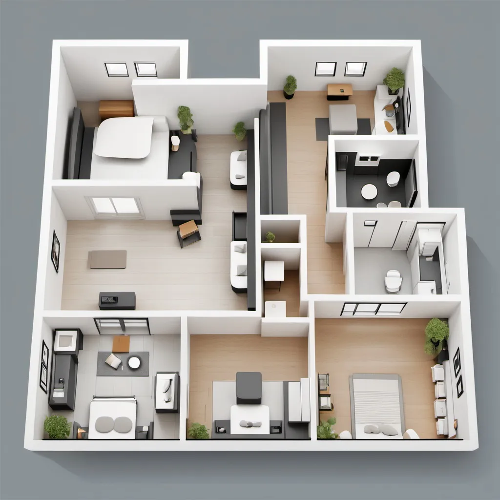 Prompt: Studio apartment floorplan, 2D vector illustrations, high quality, detailed layout, modern design, professional style, minimalistic, precise lines, clean and crisp, organized space, neutral color palette, top-notch, well-crafted, artistic floorplan, spacious layout, accurate representation, high-res, polished, architectural, detailed apartment, clear and precise, professional vector illustration, organized and efficient, minimalistic design