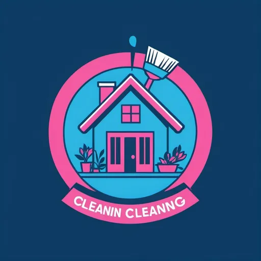 Prompt: Logo for a house cleaning service in blue and pink color with a blue background