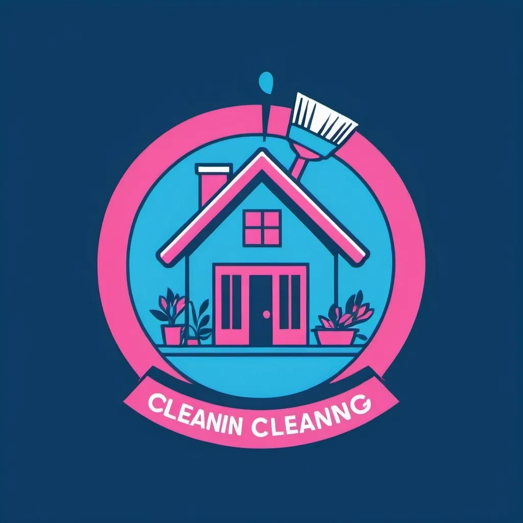 Prompt: Logo for a house cleaning service in blue and pink color with a blue background