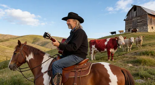 Prompt: @QfhaRJpbKYvYSFaXrSlk is sitting on a chestnest brown horse with white markings playing his guitar overlooking the cows on the hill in image 1 
The man, with light skin and a short beard, wears a black cowboy hat, black jacket, and blue jeans, cowboy boots and holds an acoustic guitar with a black pickguard, playing a note. His expression happy and joyous. We see him from the side. The horse, equipped with a brown leather saddle and bridle, stands still, gazing forward.
He is wearing same clothes as in character image and fancy cowboy boots.  In background are rolling hills and an old barn  on a flat plateau as in image 2