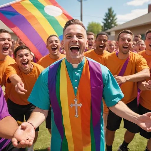 Prompt: A gay priest playing captain for a gay kickball team.