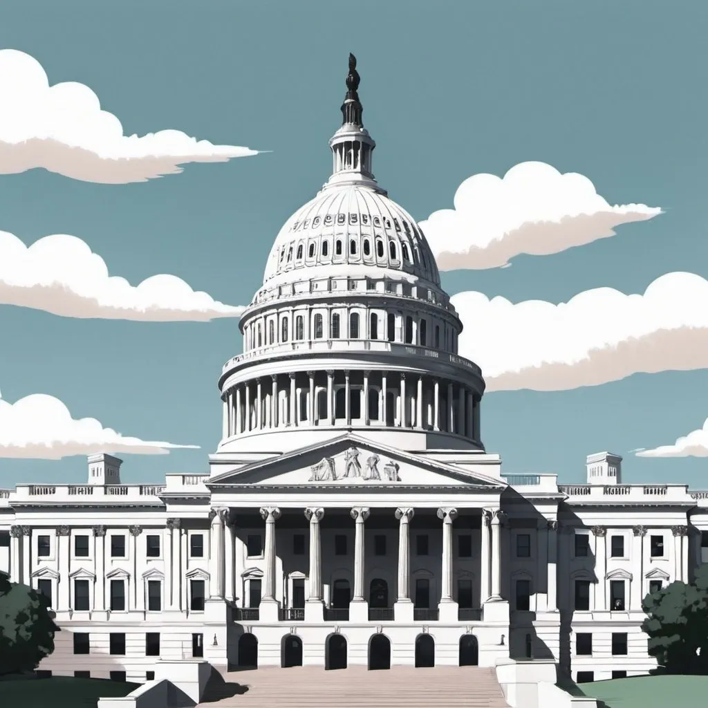 Prompt: A SEMI CARTOONISH IMAGE OF THE FRONT OF THE CAPITAL BUILDING