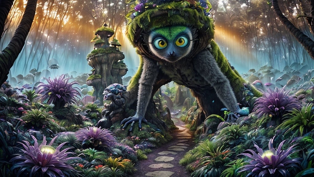 Prompt:  photo from enchanted world landscape, Tim Burton, Wes Anderson styles, detailed ground, rocks, forest track, giant plants, complex, giant, simpathetic paradise lemur like creature with witcher hat, big eyes, transparent wings, coloured bioma, wet environment, colored flowers, eyed plants, furry animals, big birds flying, alien insects, luminous ghosts, gradient horizon, alien sunset, sun rays, ultra detailed textures, beautiful view, amazing visual, Canon EOS R5 camera, wide panorama vertical
