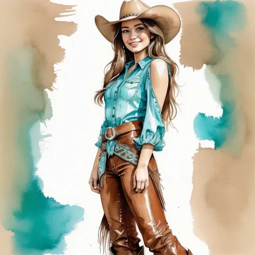 Prompt: watercolor and ink sketch of a beautiful young woman in western wear and turquoise clothing. She has long hair and hazel eyes. She wears a fashionable cowboy hat and a leather dress. she has a small smile.