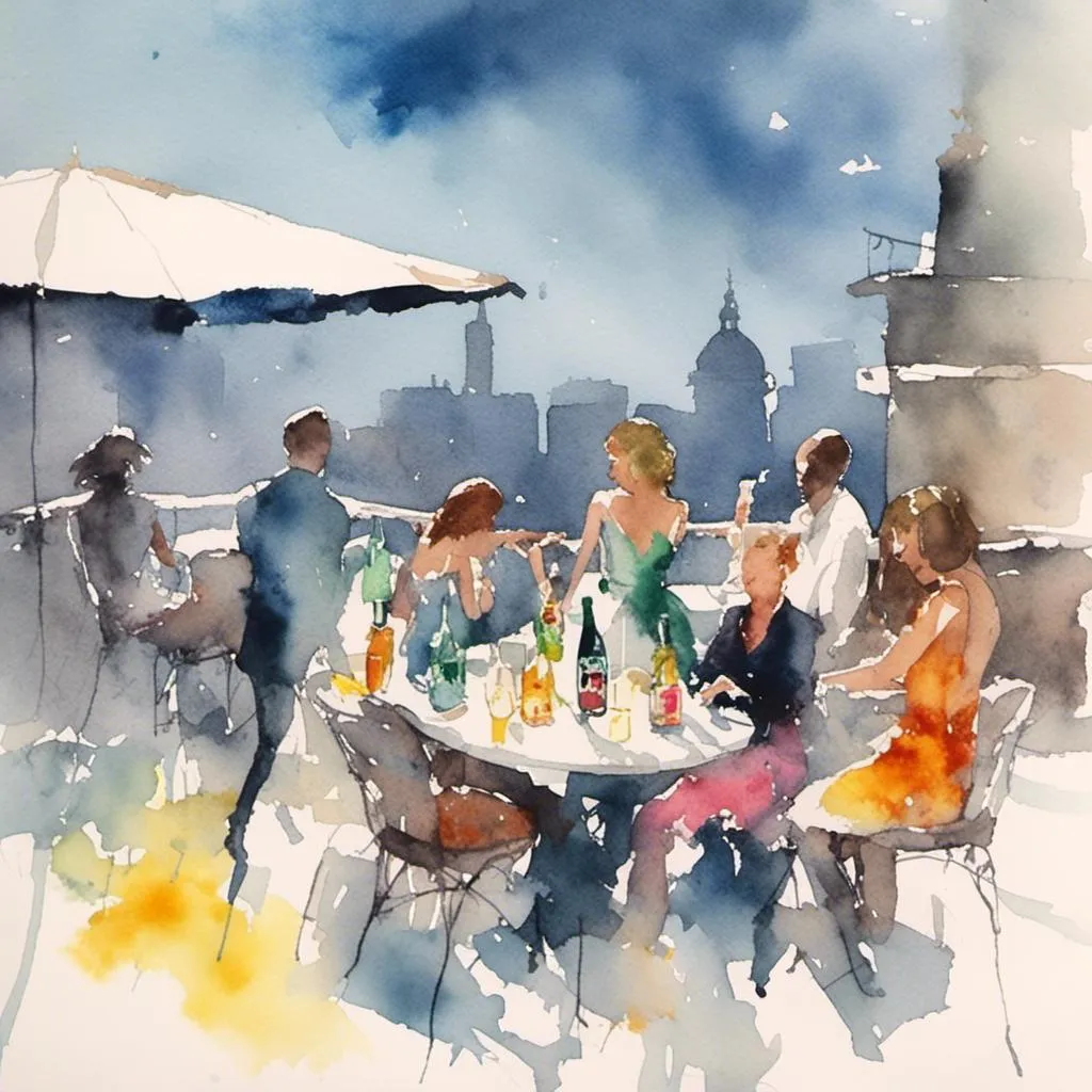 Prompt: <mymodel>a loose watercolor sketch of a party on a rooftop at night. colorful drinks and bottles on tables. guests dancing.