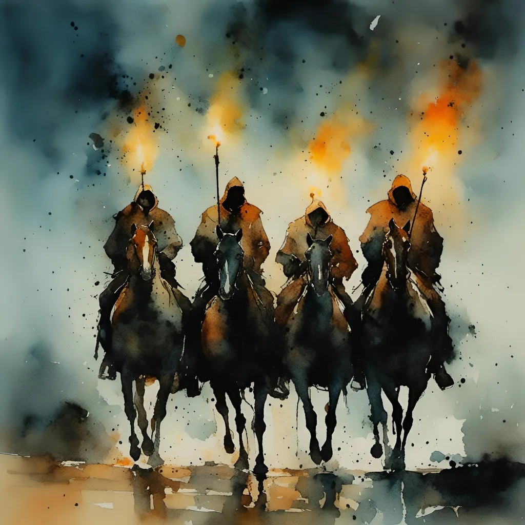 Prompt: <mymodel> four hooded figures carrying torches ride dark horses at night in a wasteland. paint splatter. flame. fear, sinister.



