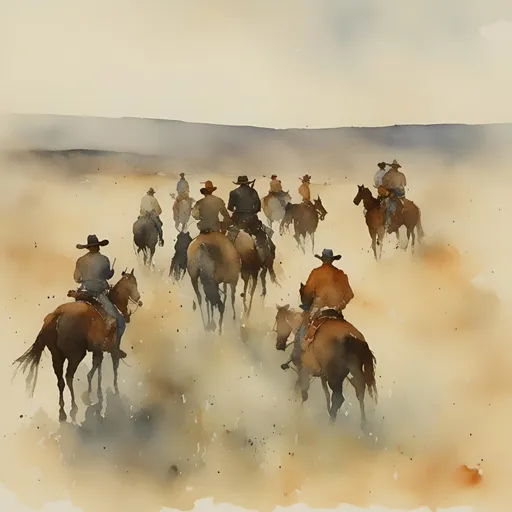 Prompt: <mymodel> cowboys ride across the range