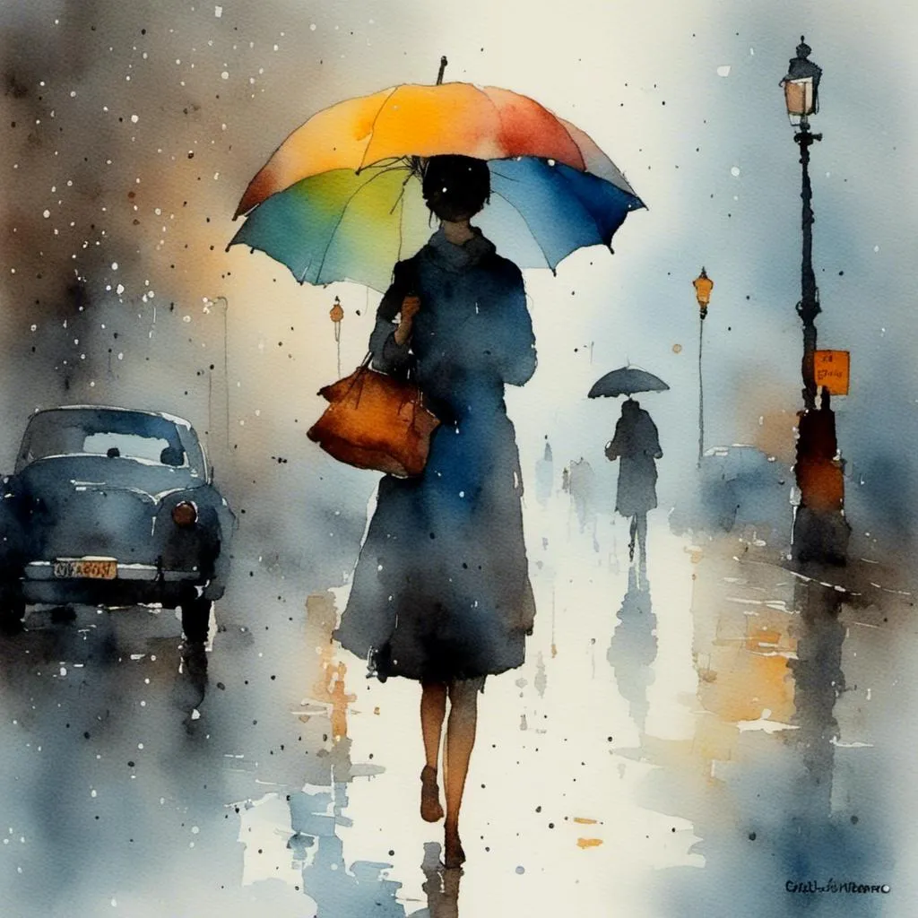 Prompt: <mymodel> A beautiful young woman carries a colorful umbrella in the rain.
