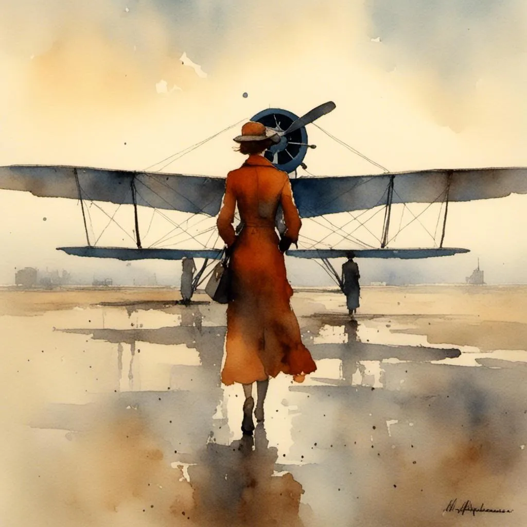 Prompt: <mymodel>a beautiful woman walks away from an old fashioned aircraft. 1920s feel.