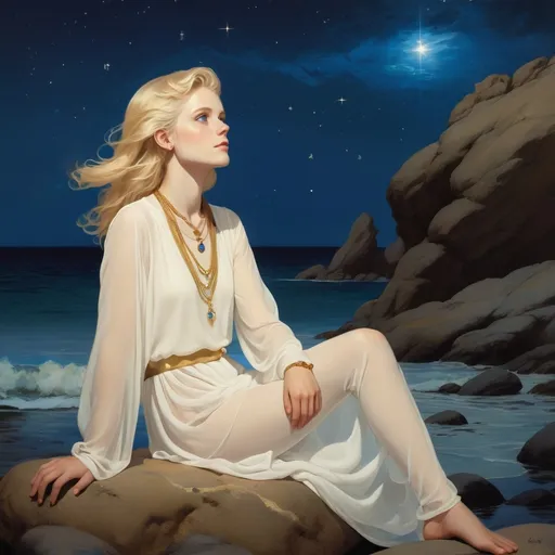 Prompt: In the style of Maxfield Parrish, a beautiful, androgynous young gamine girl wearing a flowing transparent white tunic while seated on a rock at the seashore. blonde hair.  blue eyes. gold jewelry. looks up dreamily toward the stars of a night sky.
