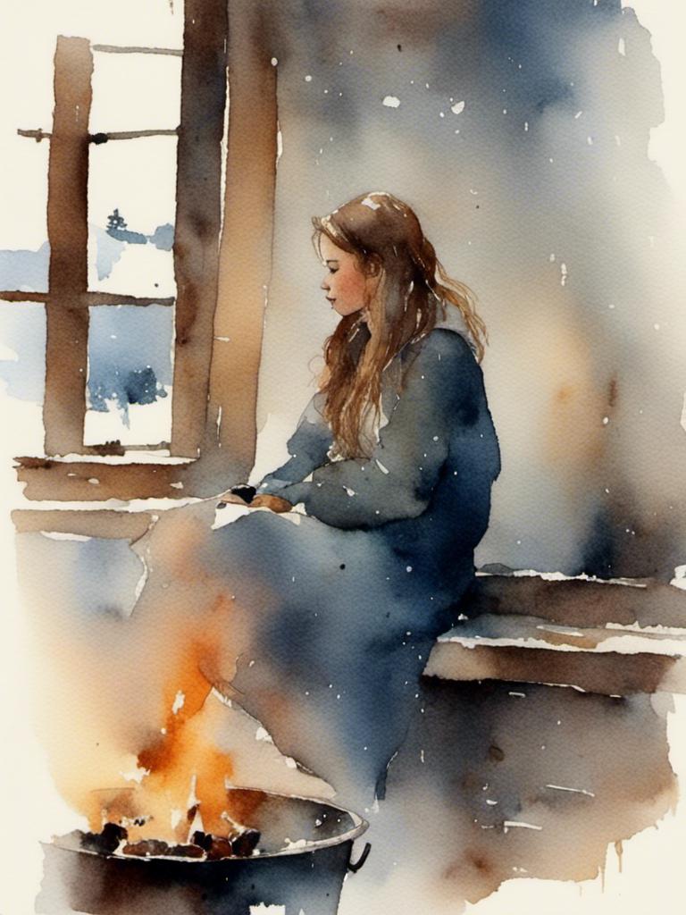 Prompt: <mymodel> a beautiful girl in a cabin on a cold winter's day. There is a fire in the fireplace. Cozy 