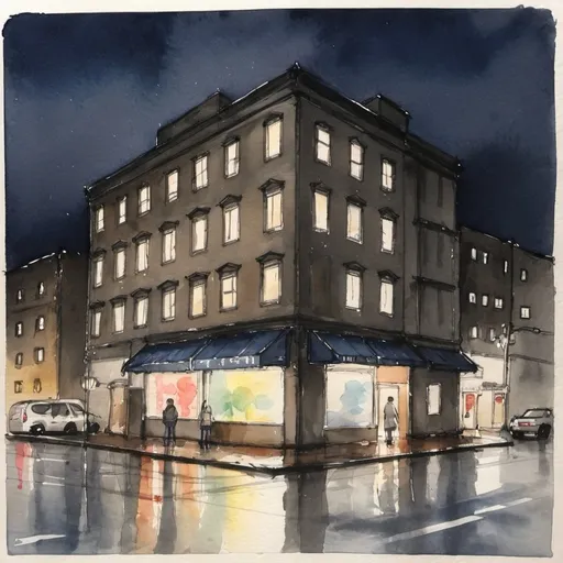 Prompt: <WatercolorAndWash1> building on a rainy night.