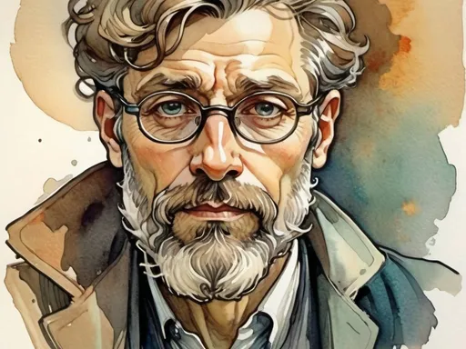 Prompt: a watercolor and ink sketch of a handsome, 50 year old man with a small beard. glasses. broad face. strong face.