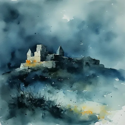 Prompt: <mymodel>a mysterious fortress on a hill in a storm at night.