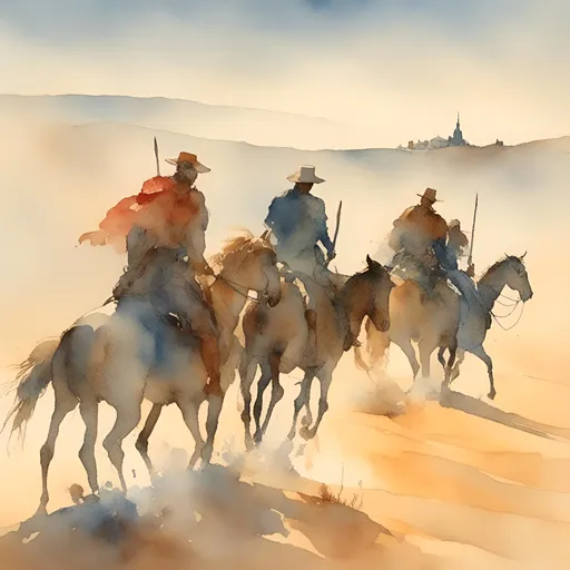 Prompt: <mymodel> three horsemen ride over a hill in the desert



