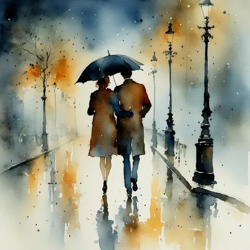 Prompt: <mymodel>a loving couple walks arm in arm on a street on a rainy night in London