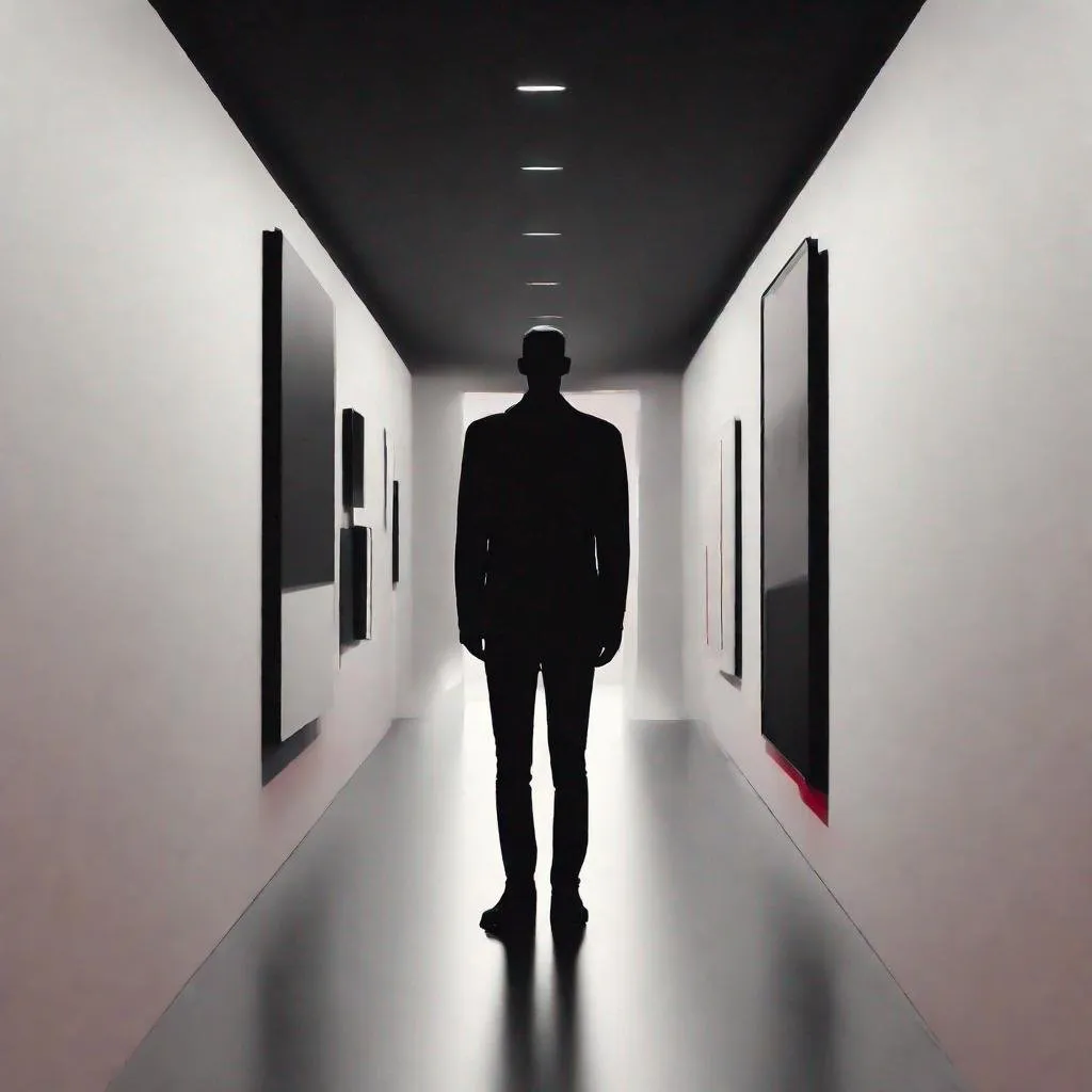 Prompt: Minimalist man standing in an art gallery, gradient background, dark walls, square, silhouette,straight lines, flat, sinister, red and black