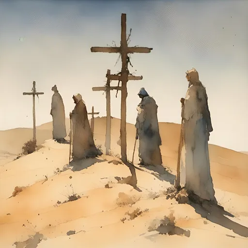 Prompt: <mymodel> three gaunt figures nailed to X-shaped crosses on a hill in the desert



