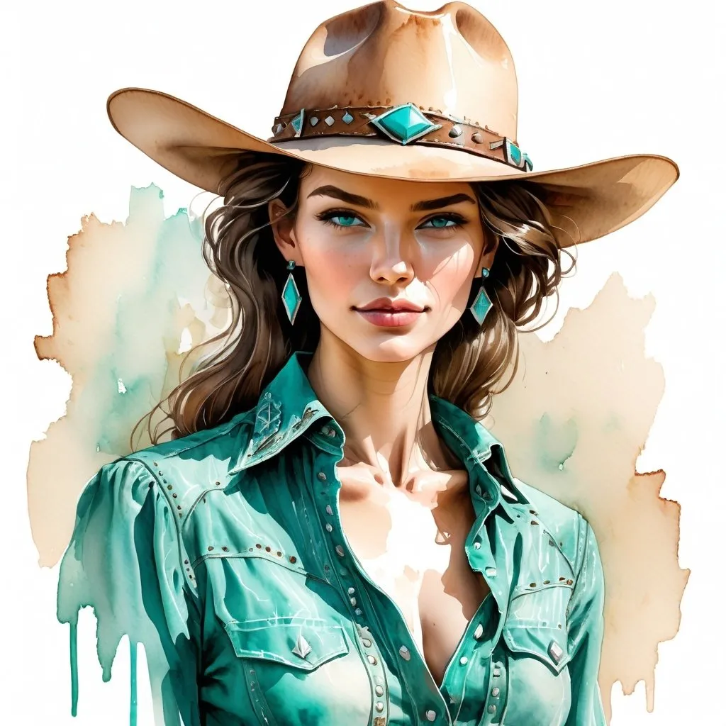 Prompt: watercolor and pen sketch of a beautiful young woman in western wear and turquoise clothing. She has a fashionable cowboy hat and a long leather dress. 