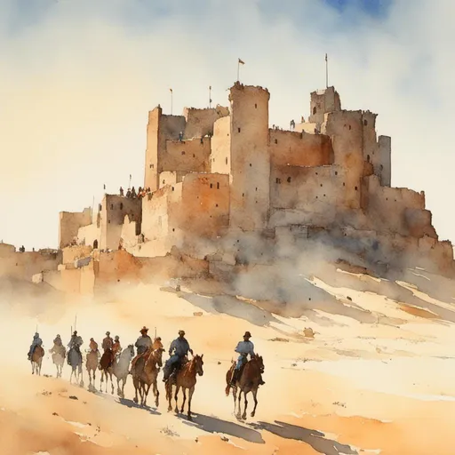Prompt: <mymodel>riders on horseback  a desert go past an ancient crusader fortress