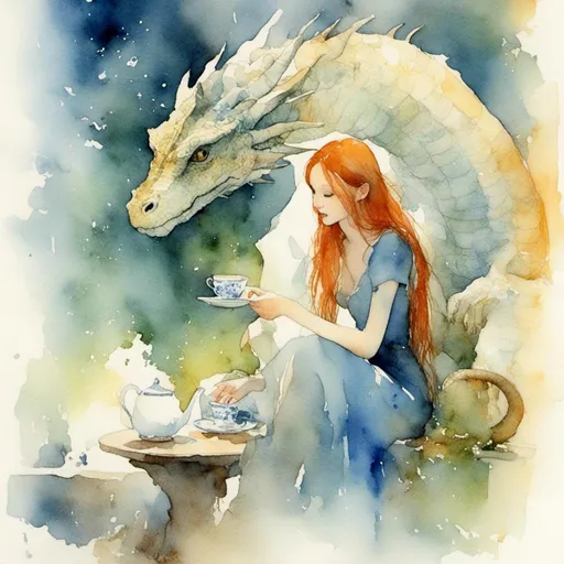 Prompt: <mymodel> A beautiful young woman has tea with a friendly dragon

