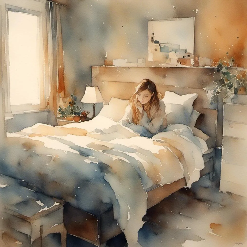 Prompt: <mymodel>a beautiful girl in a cozy bedroom on a cold winter's day. 