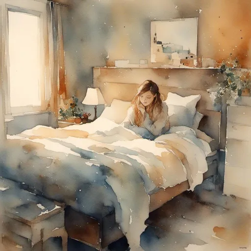 Prompt: <mymodel>a beautiful girl in a cozy bedroom on a cold winter's day. 