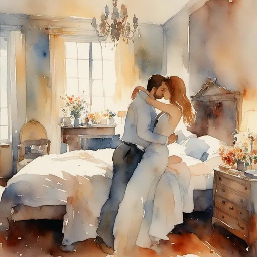 Prompt: <mymodel>a beautiful young woman and a handsome man kissing in a luxurious bedroom