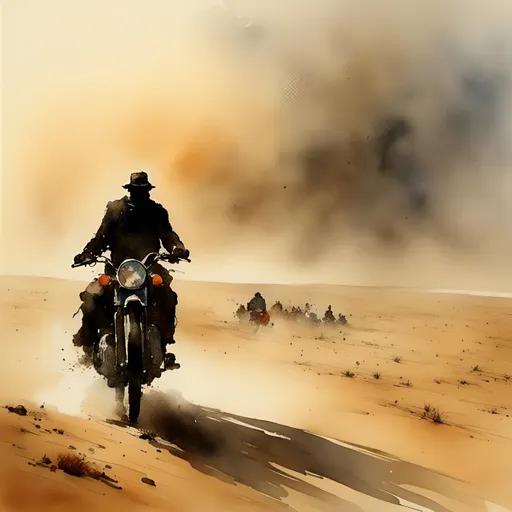 Prompt: <mymodel>a solitary mysterious, dark, dangerous man rides a motorcycle in a desert during a dust storm