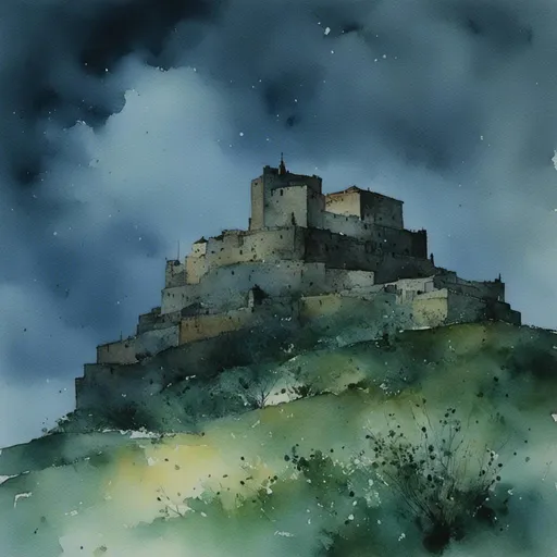 Prompt: <mymodel>a mysterious fortress on a hill in a storm at night.