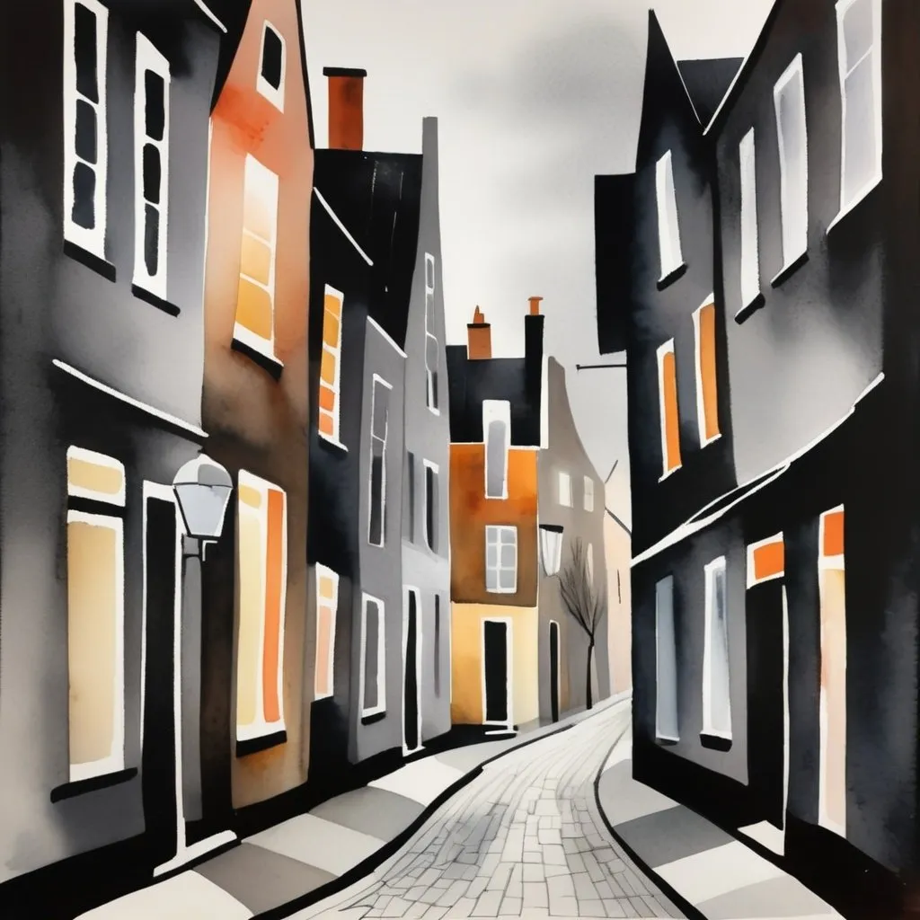 Prompt: a watercolor painting in a minimalist, cubist style of a street in Holland. dark. pastel. gray. misty. 
