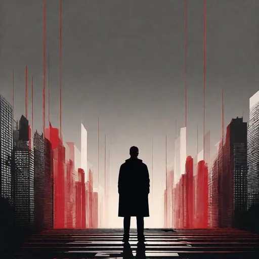 Prompt: Minimalist man standing gradient background, dark walls, city scene, square, silhouette,straight lines, flat, sinister, red and black