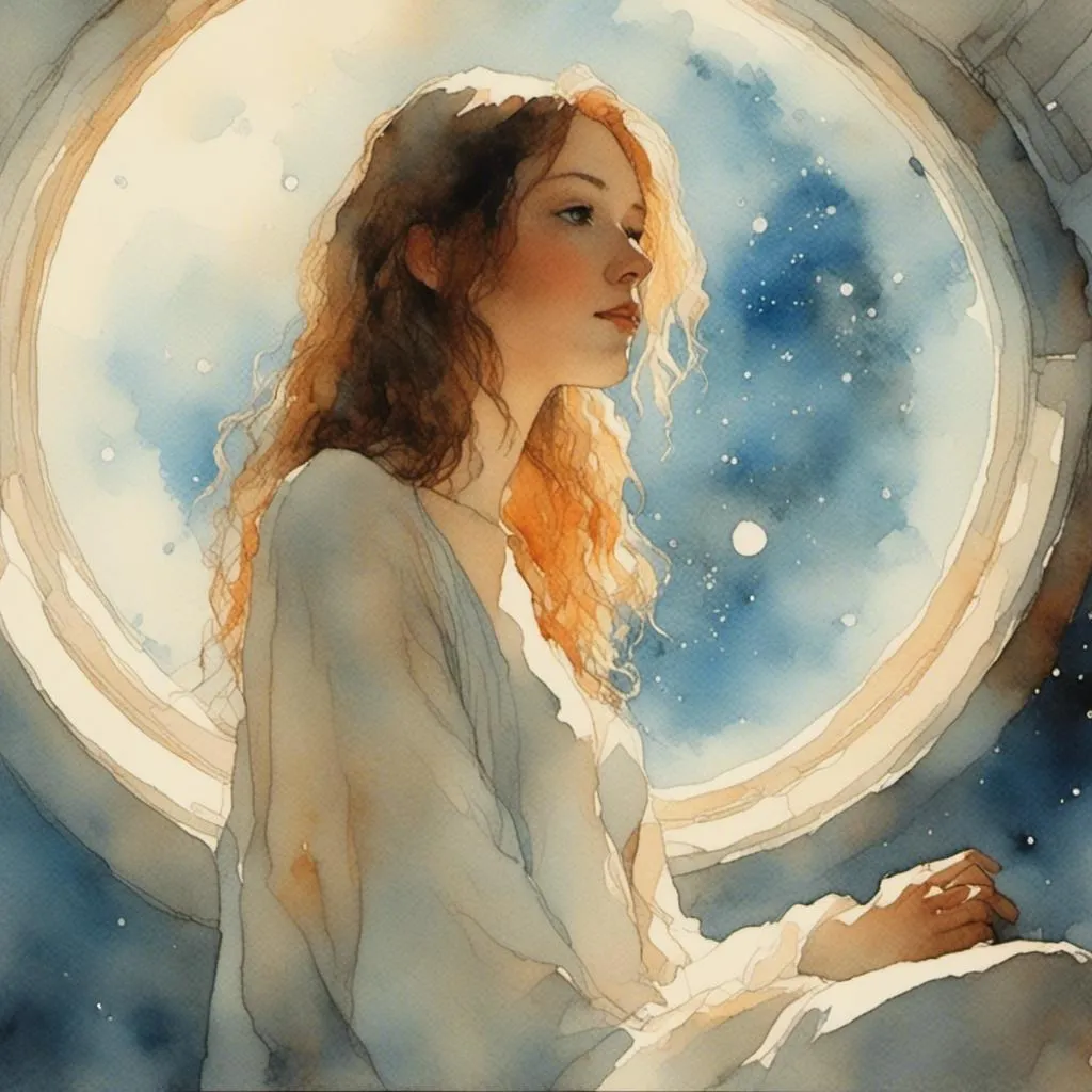 Prompt: <mymodel> A beautiful young woman wearing a white silk tunic on a spaceship. She looks out a window that shows stars and the planet Jupiter 

