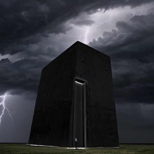 Prompt: <mymodel>a mysterious black monolith being struck by lightening bolts. storm. storm clouds.