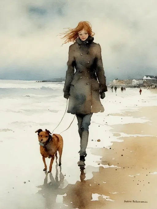 Prompt: <mymodel> a beautiful girl walking on a cold, winter beach in New England. She has a dog. 