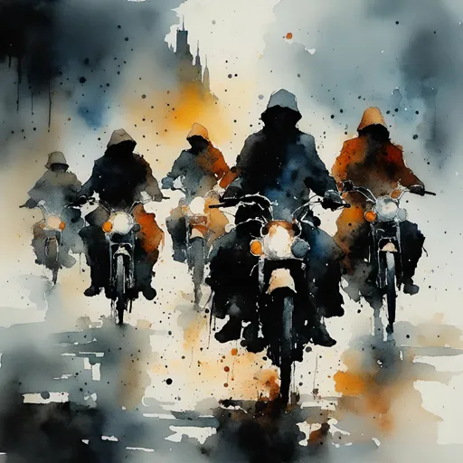 Prompt: <mymodel> four hooded figures carrying lances ride motorcycles with headlights on a dark night in a wasteland. paint splatter. flame. fear, sinister.



