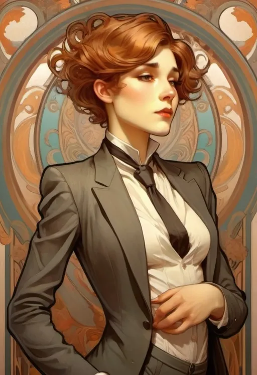 Prompt: a beautiful young androgynous gamine girl in a tight suit