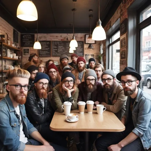 Prompt: a cafe full of self-important hipsters sneering at the viewer