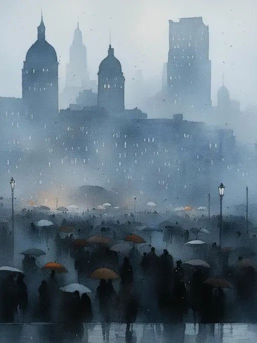 Prompt: <mymodel> impressionistic painting of a city on a windy, rainy night. 