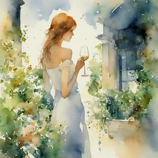 Prompt: <mymodel>a beautiful young woman has a glass of wine while looks out over her garden.